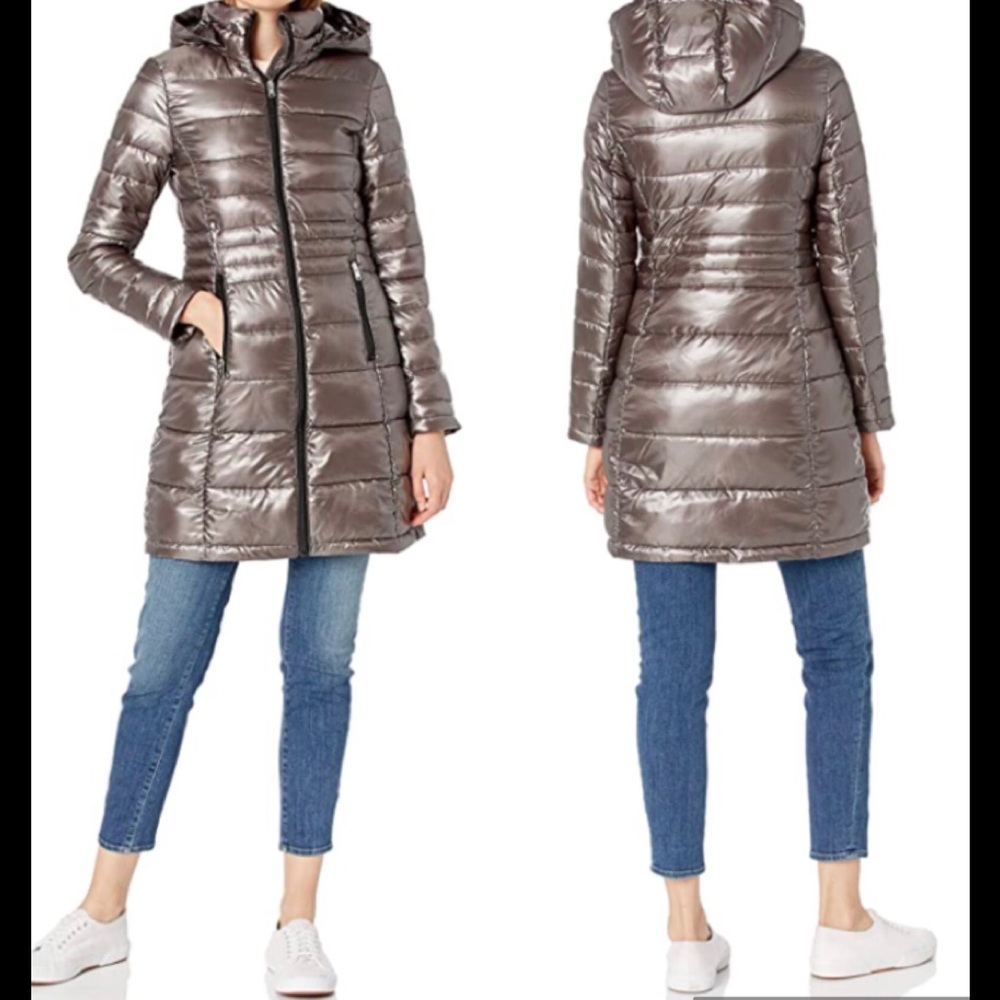 Andrew Marc Metallic Taupe Long Puffer Coat with Hood